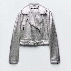 Zara Women's Silver Metallic Biker Jacket size M Like New